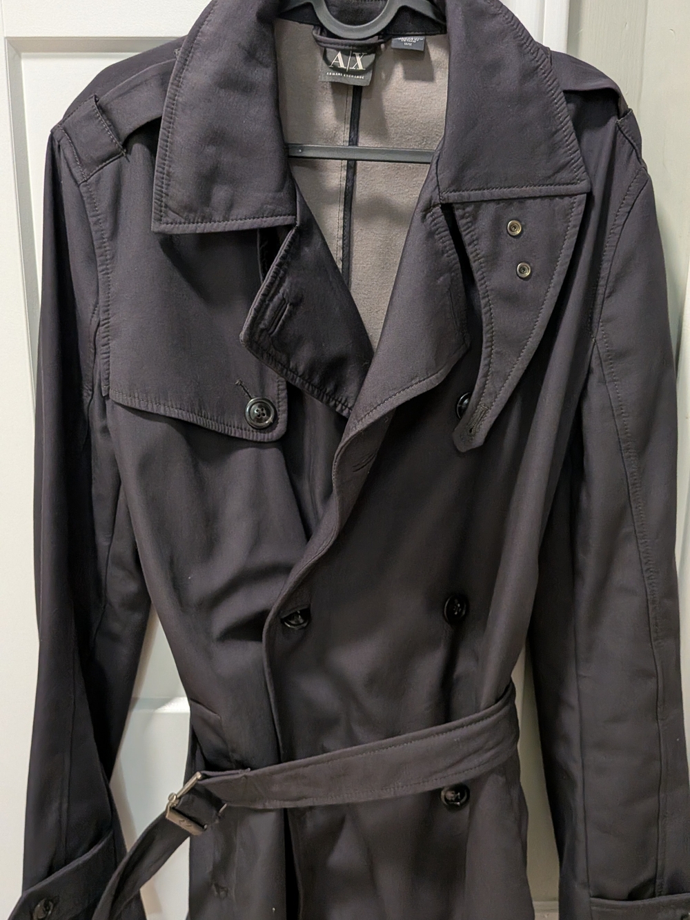 Armani Exchange Charcoal Double-Breasted Trench Coat with Belt